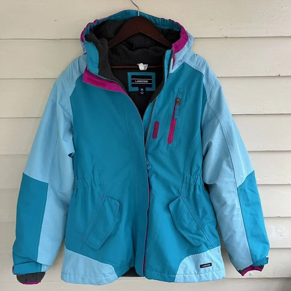 LANDS END Squall Waterproof Insulated Winter Jacket, Teal/Fuschia- Size XL (16)